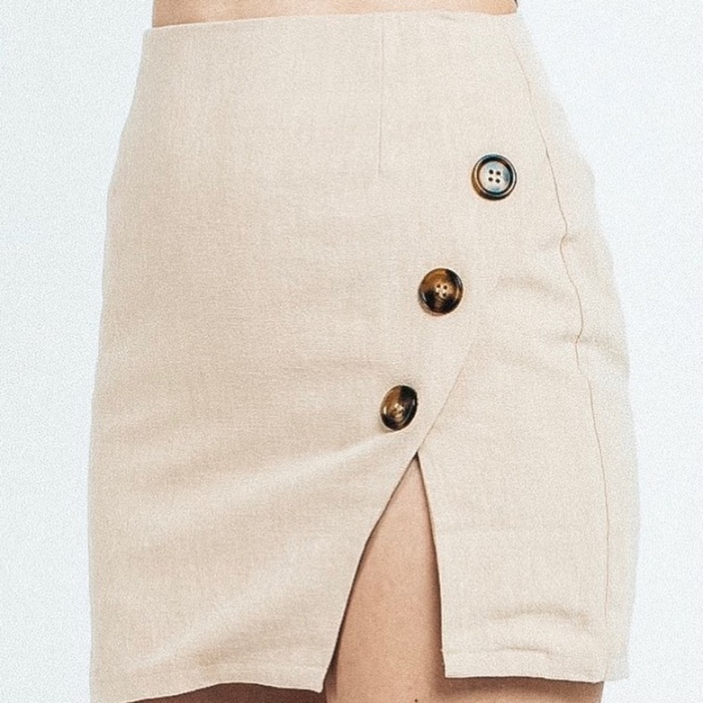 Tan Linen Slit Mini Skirt